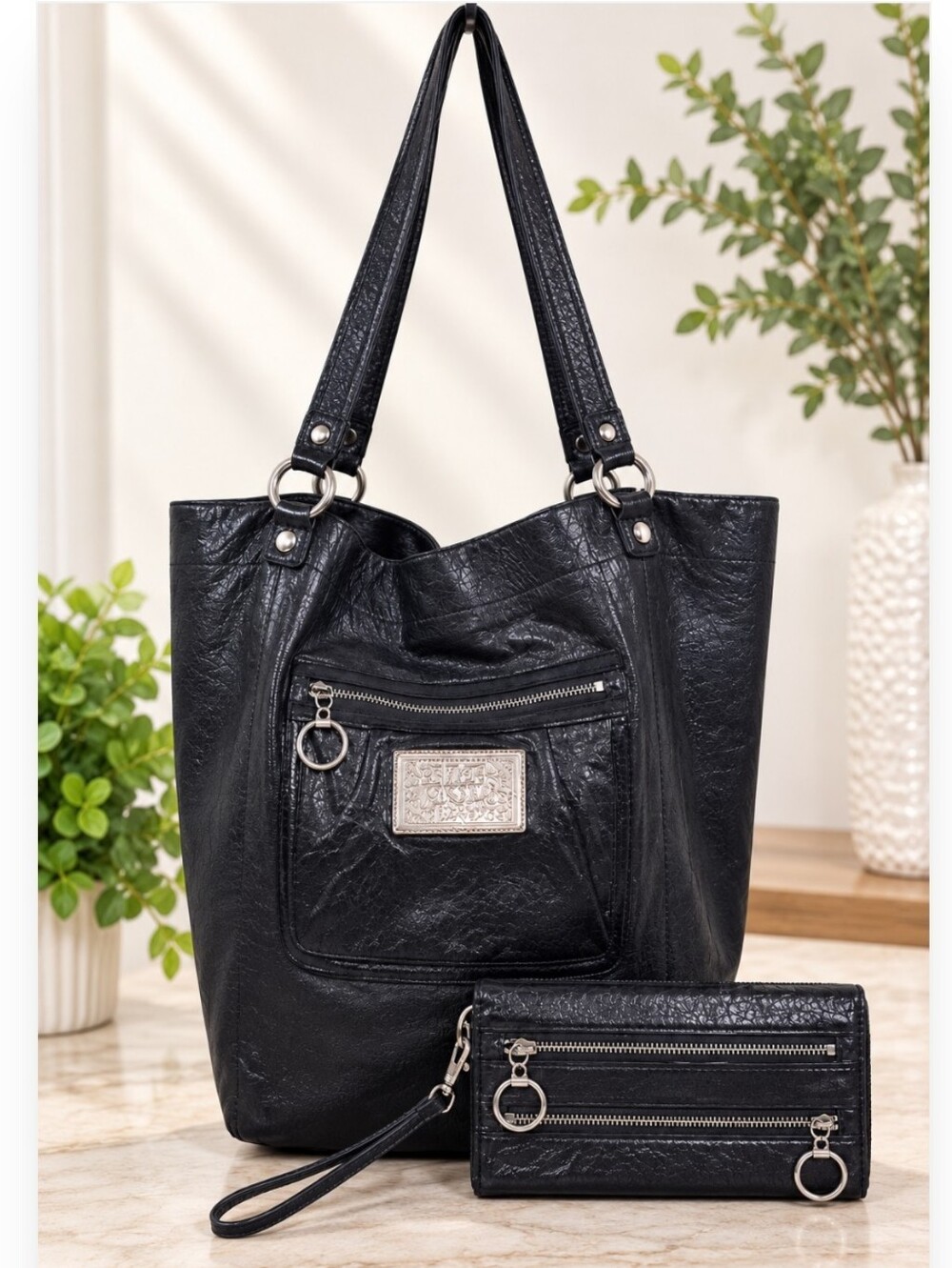 Coach Poppy Black Crinkle Leather Bella Tote & Matching Wristlet Wallet F14565